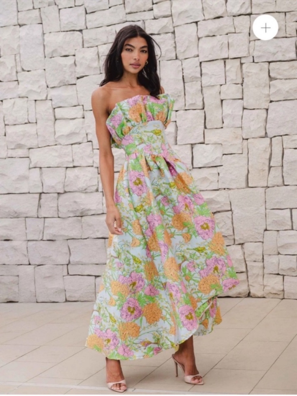 elliatt laurel green floral jacquard strapless ruffle maxi gown dress size XL
